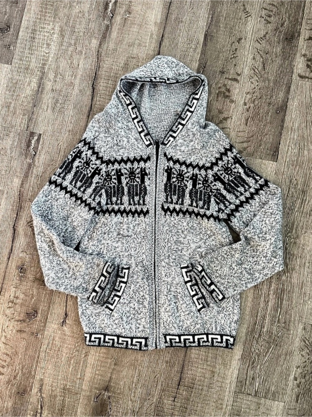 Peruvian Alpaca Style Hooded Zip Sweater Men’s M Gray Black Geometric